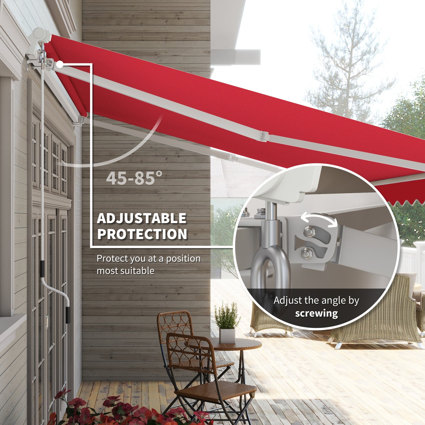 Red retractable awning with adjustable angle for patio protection