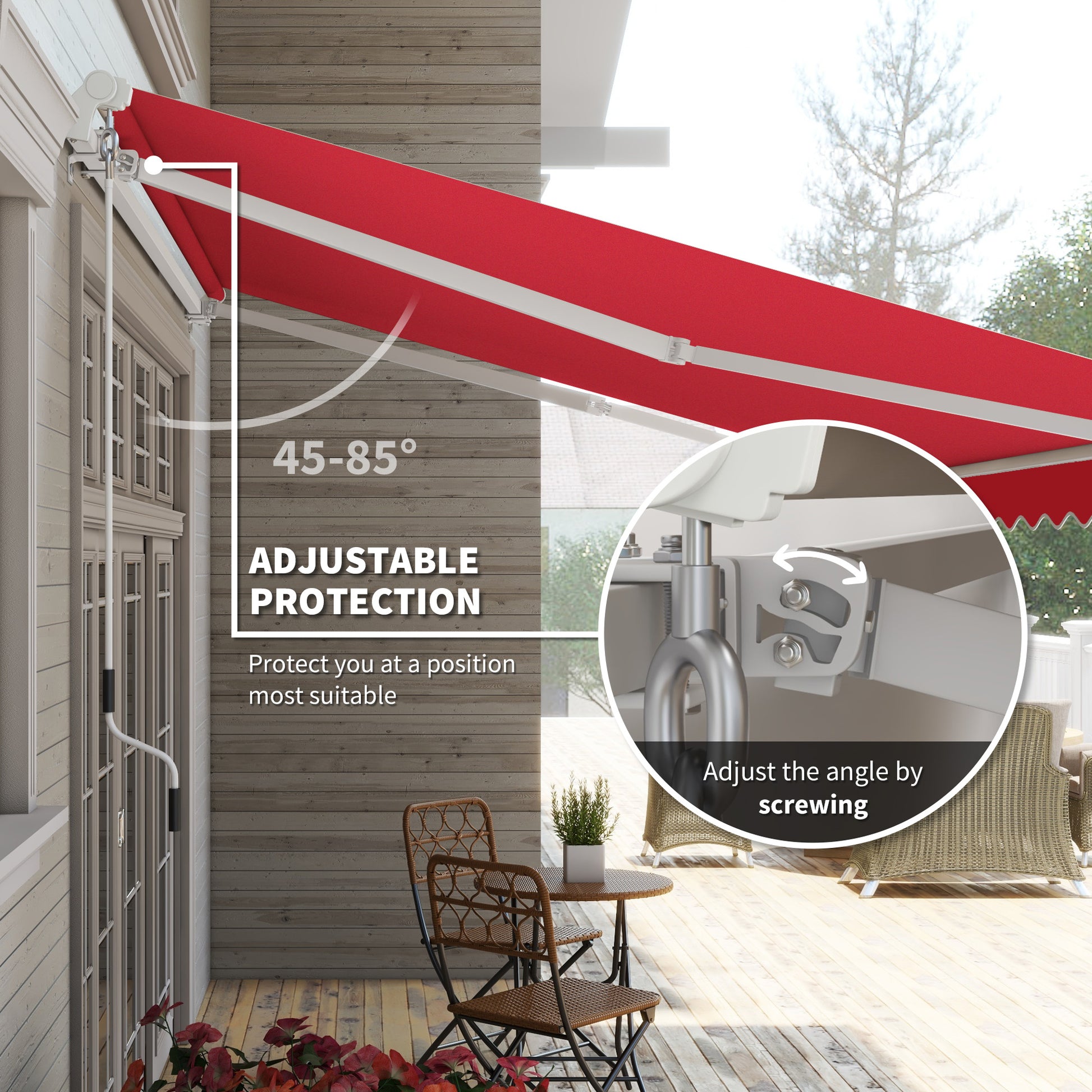 Red retractable awning with adjustable angle for patio protection