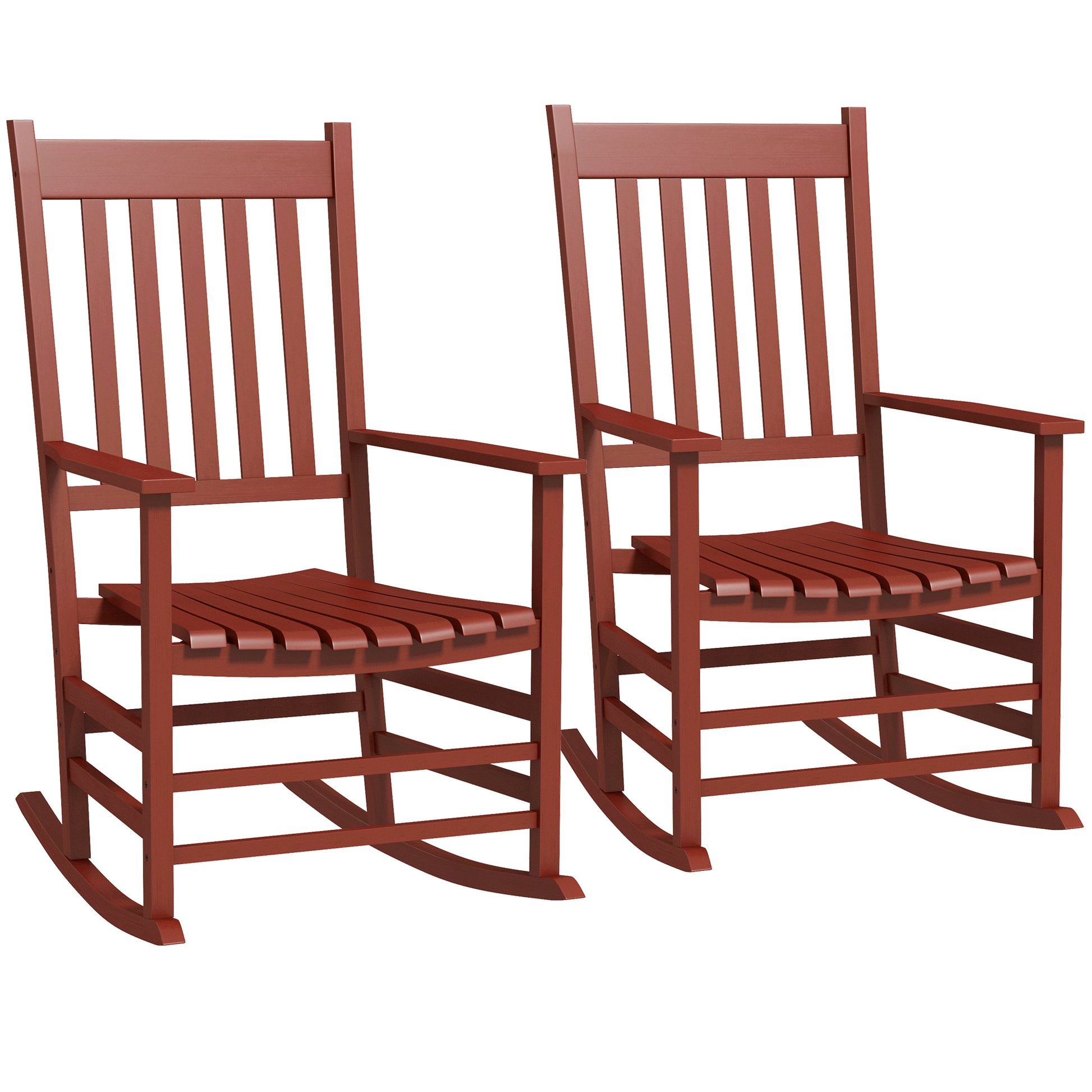 Two cherry wood traditional slat back rocking chairs side by side for outdoor relaxation