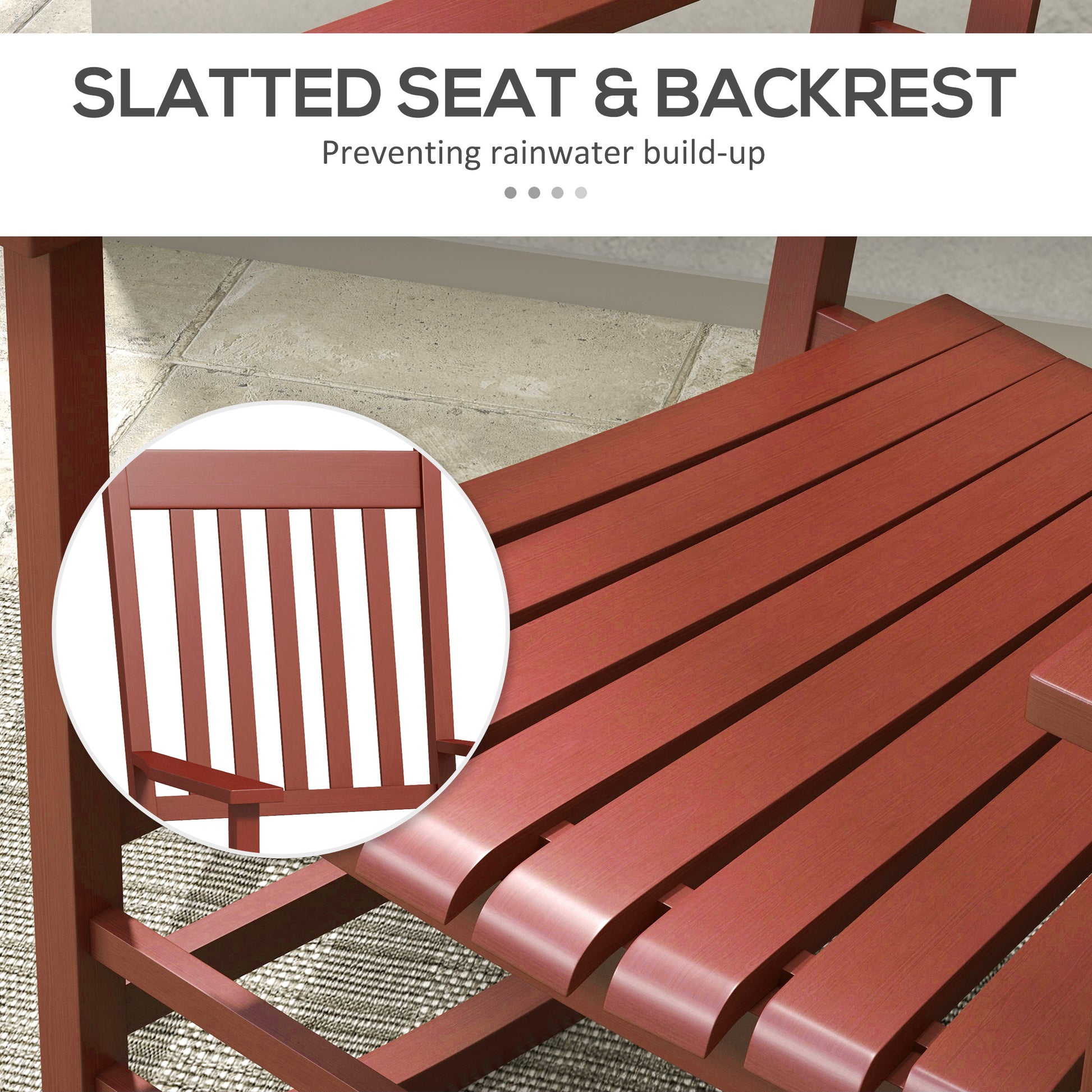 Red wooden Adirondack chair with slatted seat design for outdoor patio