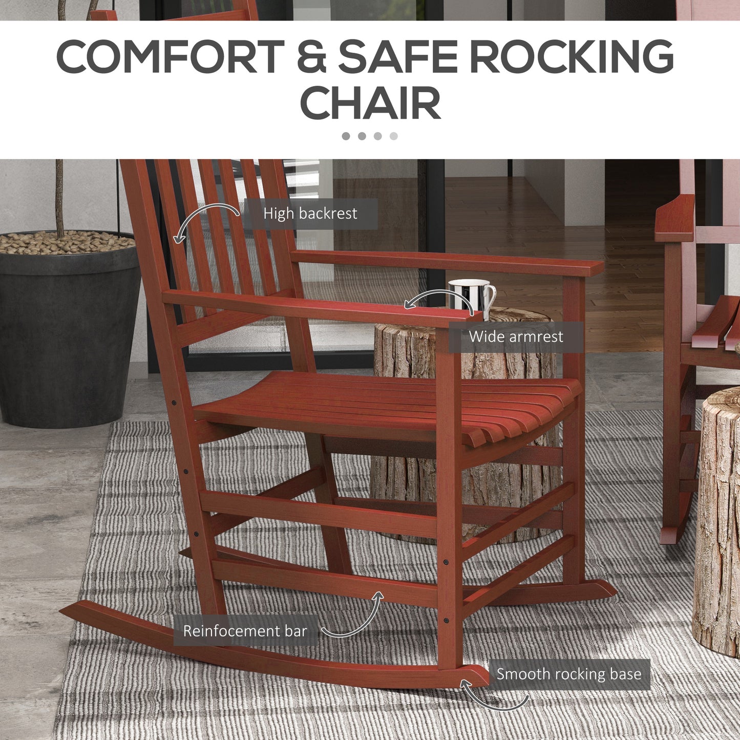 Red wooden rocking chair with a high backrest wide armrest and smooth rocking base for outdoor relaxation