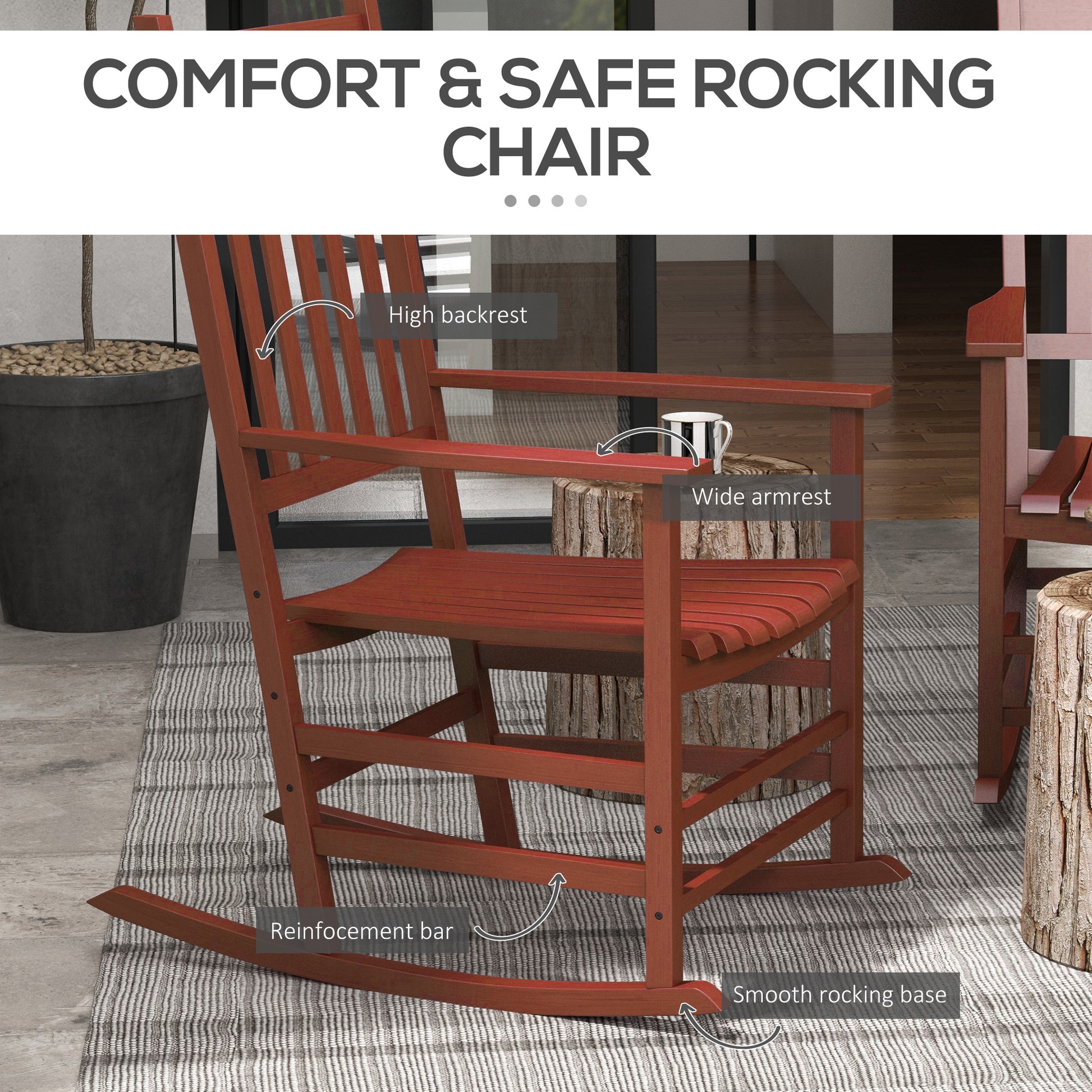 Red wooden rocking chair with a high backrest wide armrest and smooth rocking base for outdoor relaxation