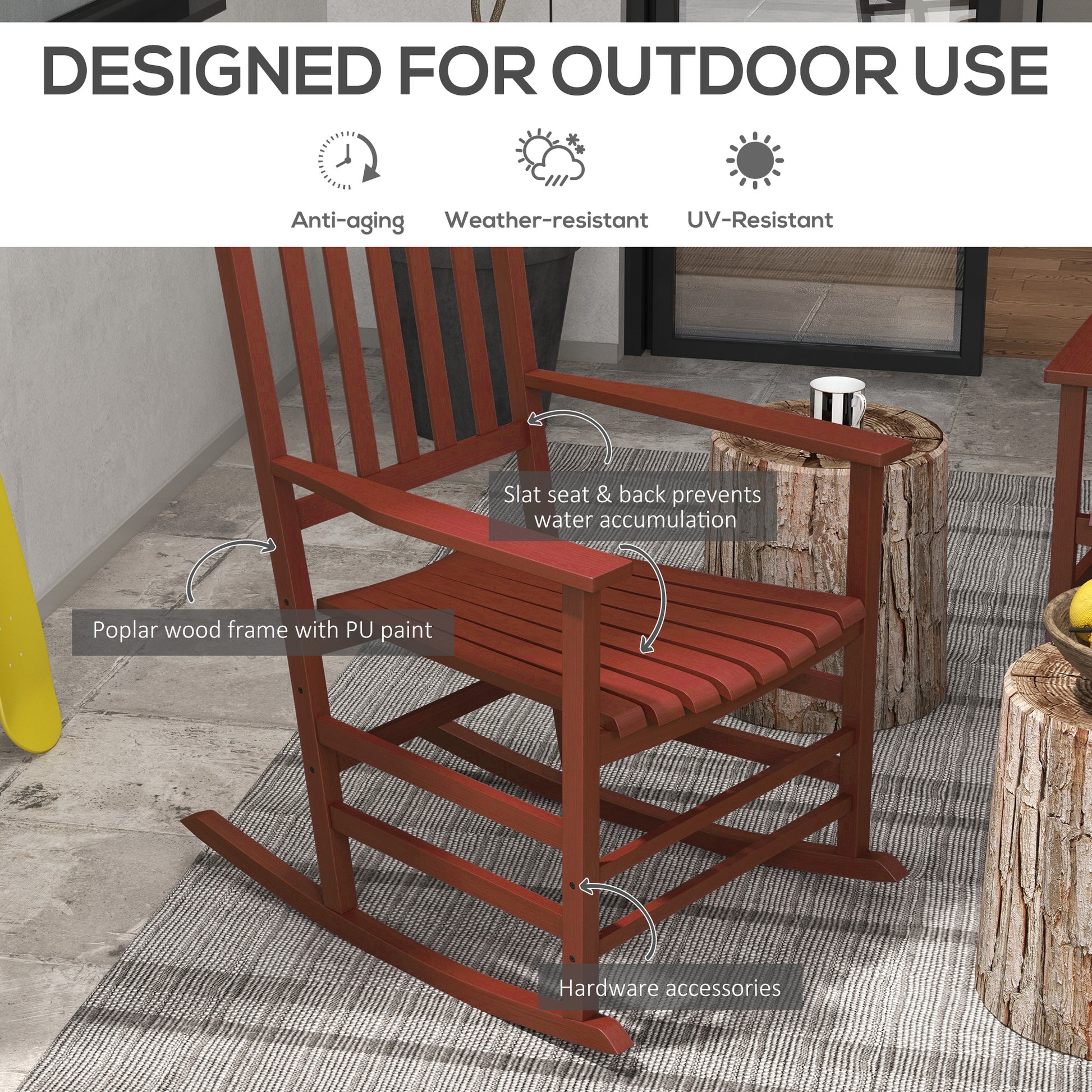 Red poplar wood rocking chair with slat seat for outdoor use