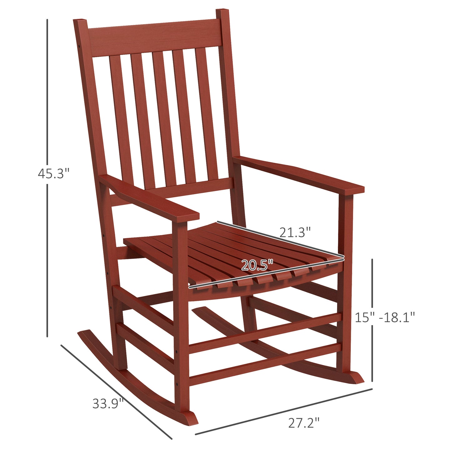 Red wooden rocking chair with slatted seat and back perfect for porch relaxation