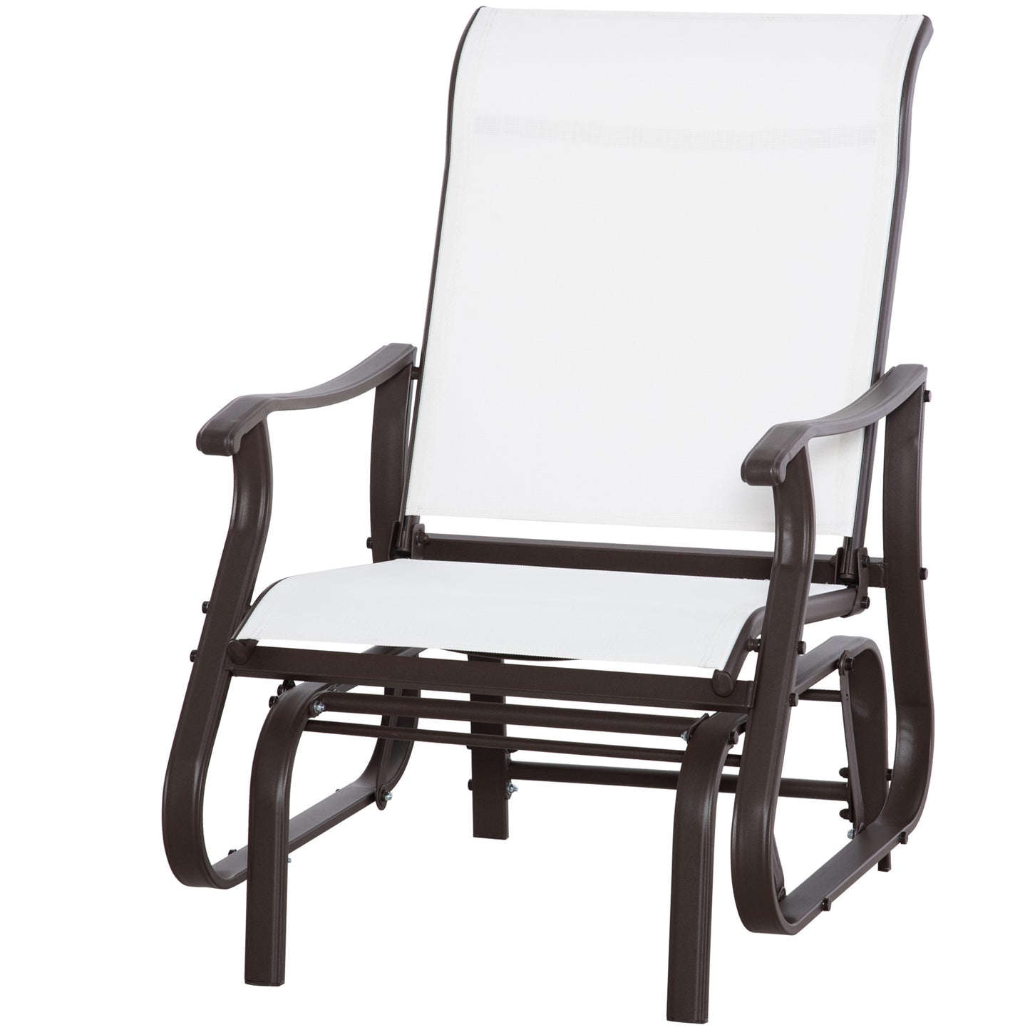 Brown metal patio glider with white mesh seat and backrest