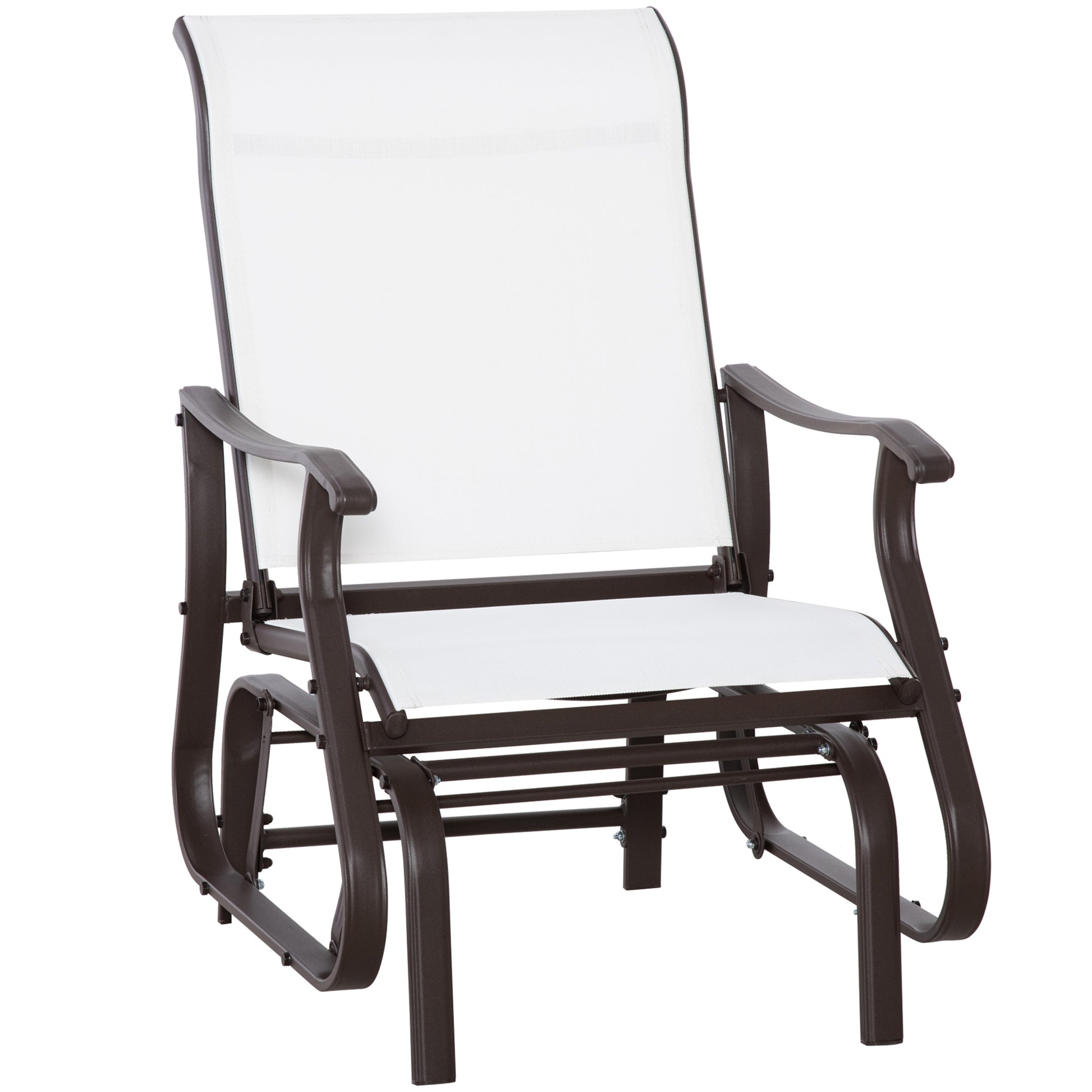 Brown metal glider chair with white mesh seat and back for outdoor relaxation