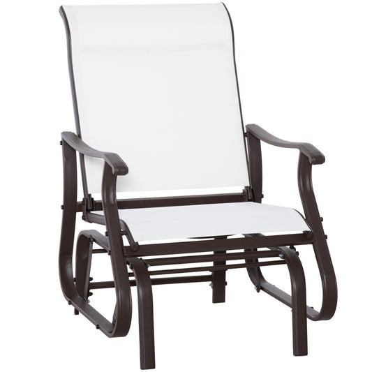 Brown metal glider chair with white mesh seat and back for outdoor relaxation