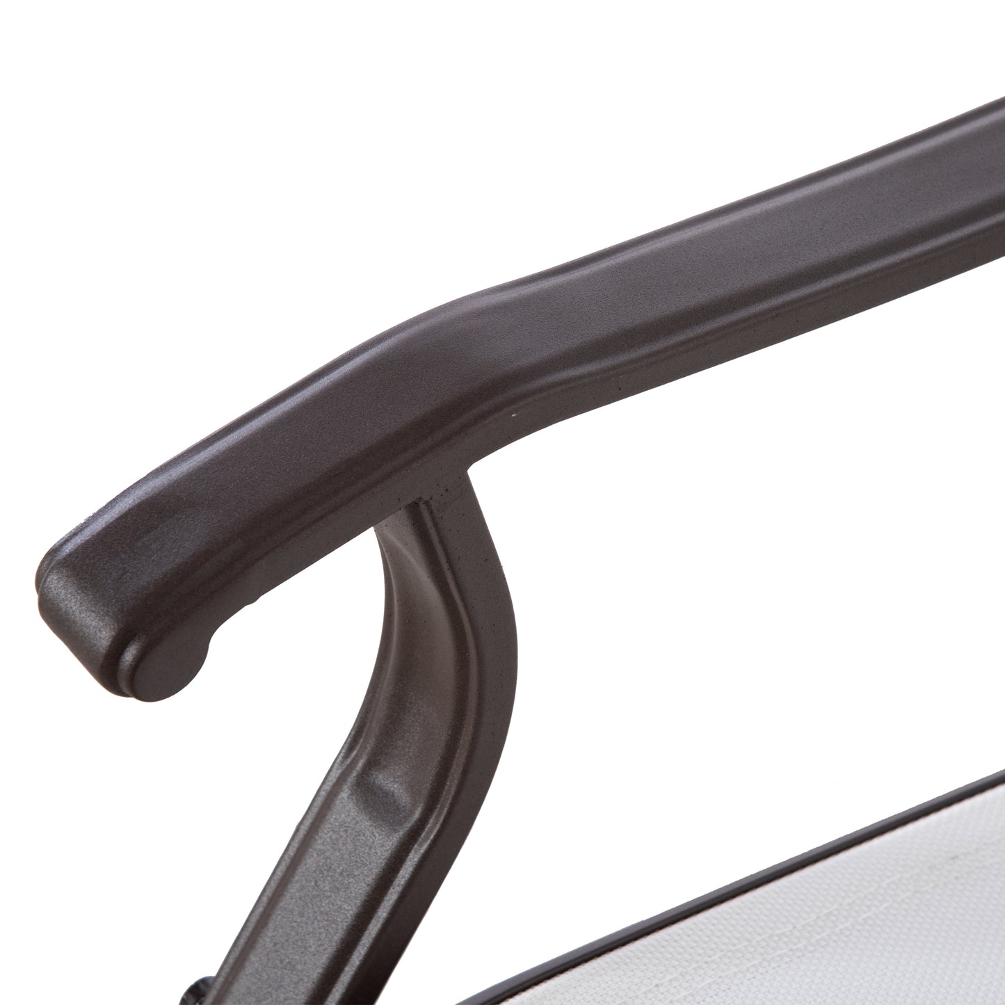 Dark brown metal armrest detail on an outdoor lounge chair