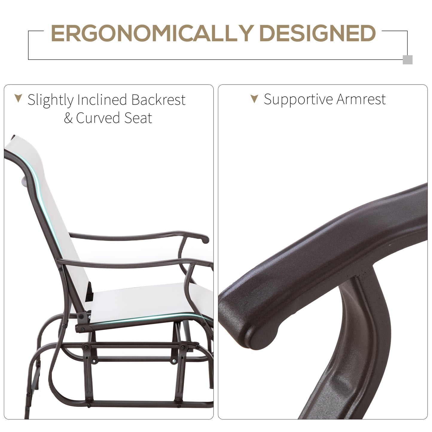 Ergonomic glider chair with white fabric and dark metal frame subtly curved