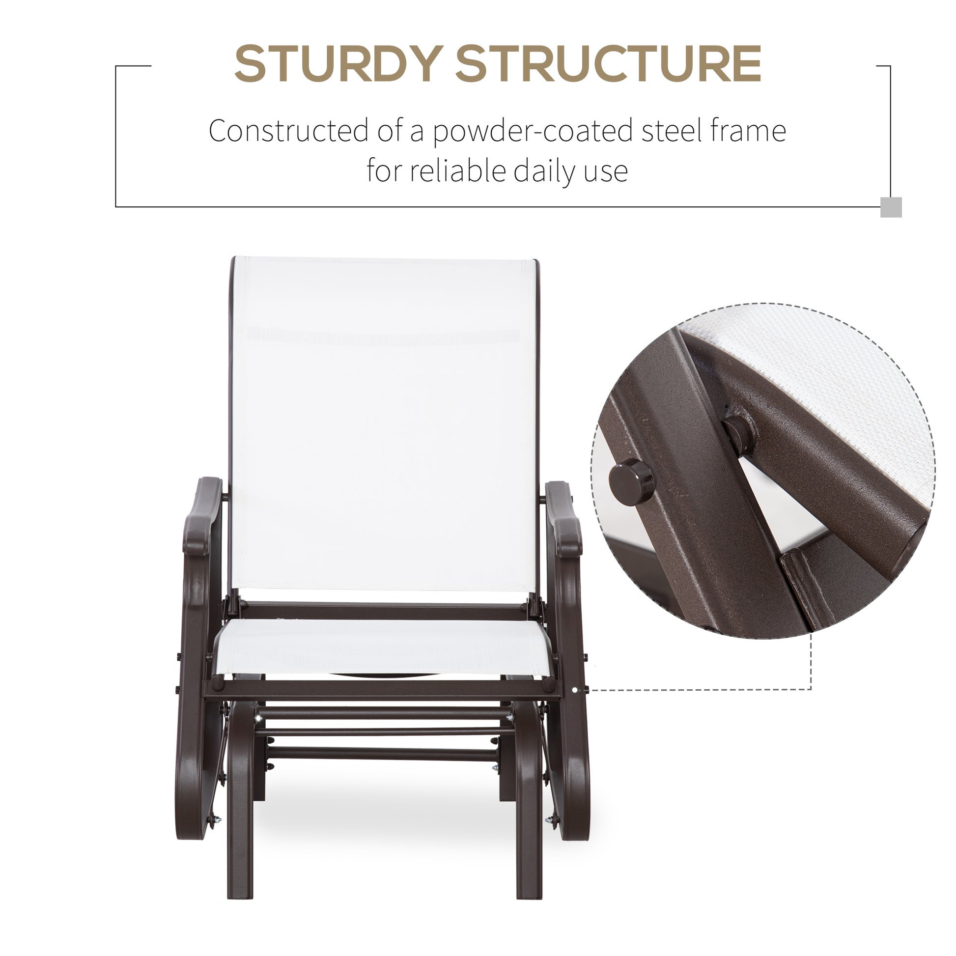 Brown steel patio glider with white fabric seat and backrest offering a sturdy frame