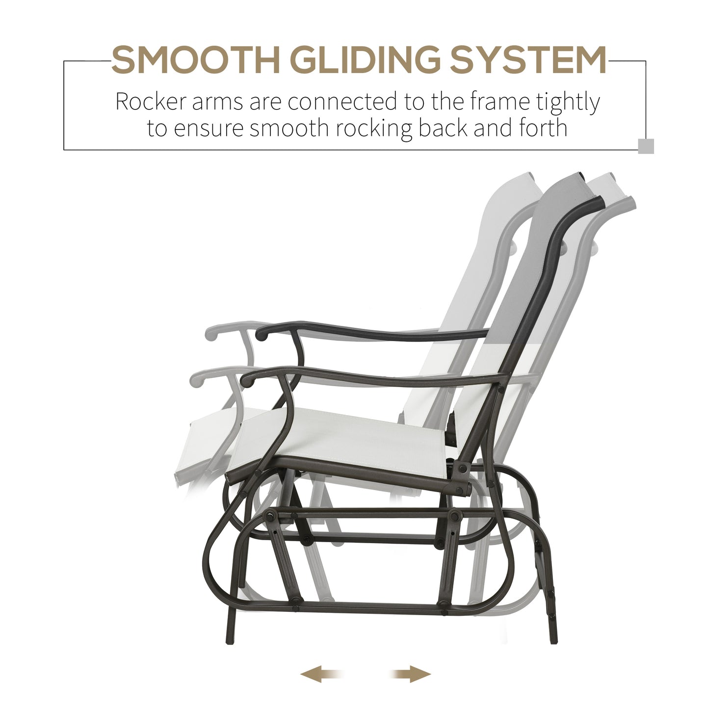 Bronze metal glider chair with white fabric seat and back demonstrating smooth rocking motion