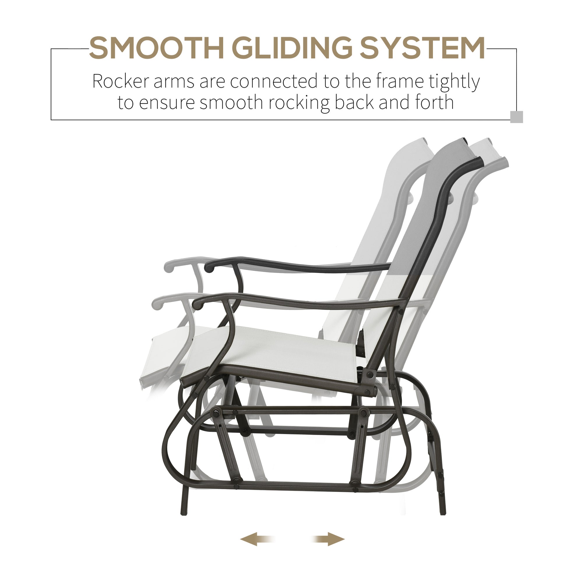 Bronze metal glider chair with white fabric seat and back demonstrating smooth rocking motion