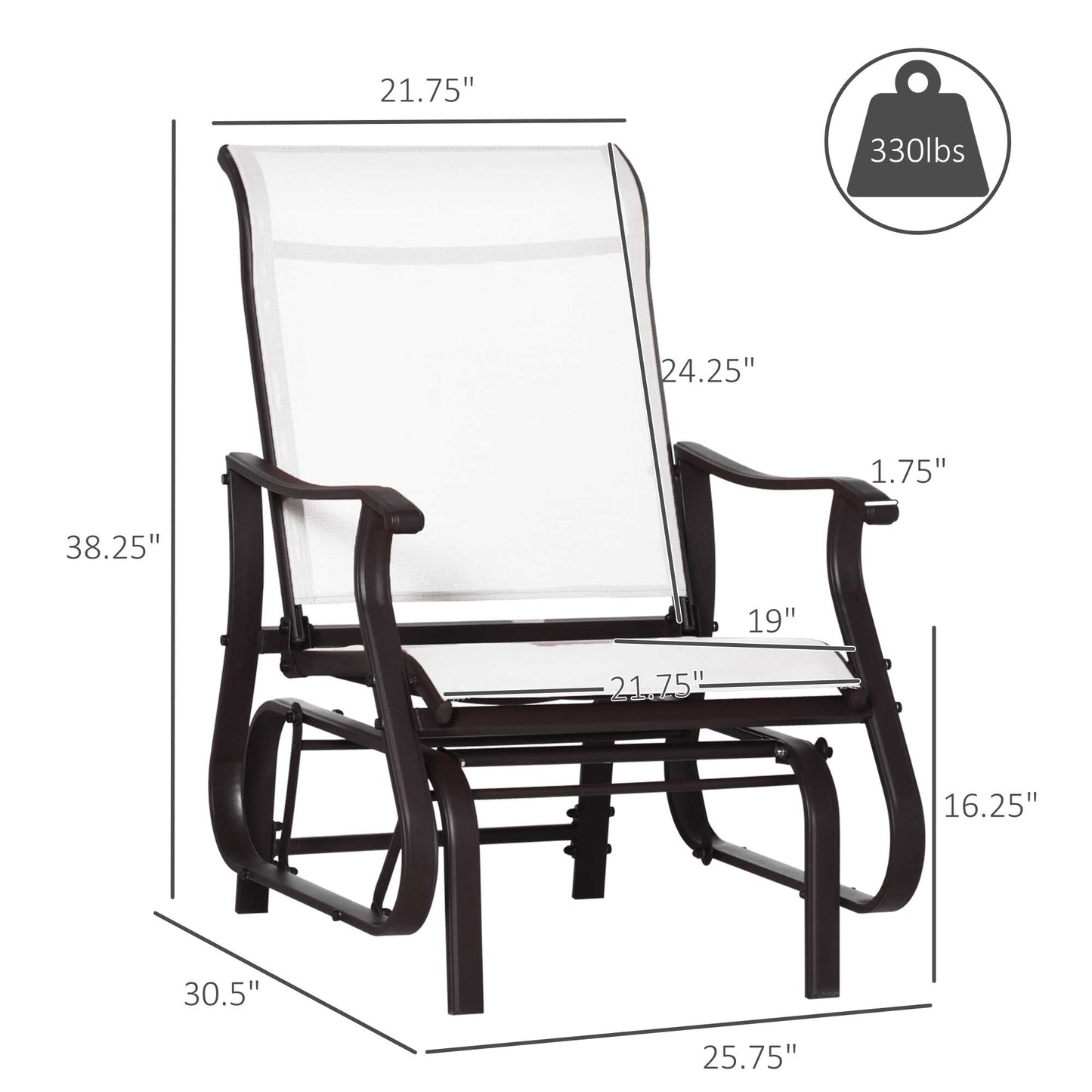 Dark brown metal frame outdoor glider chair with white mesh seat and back