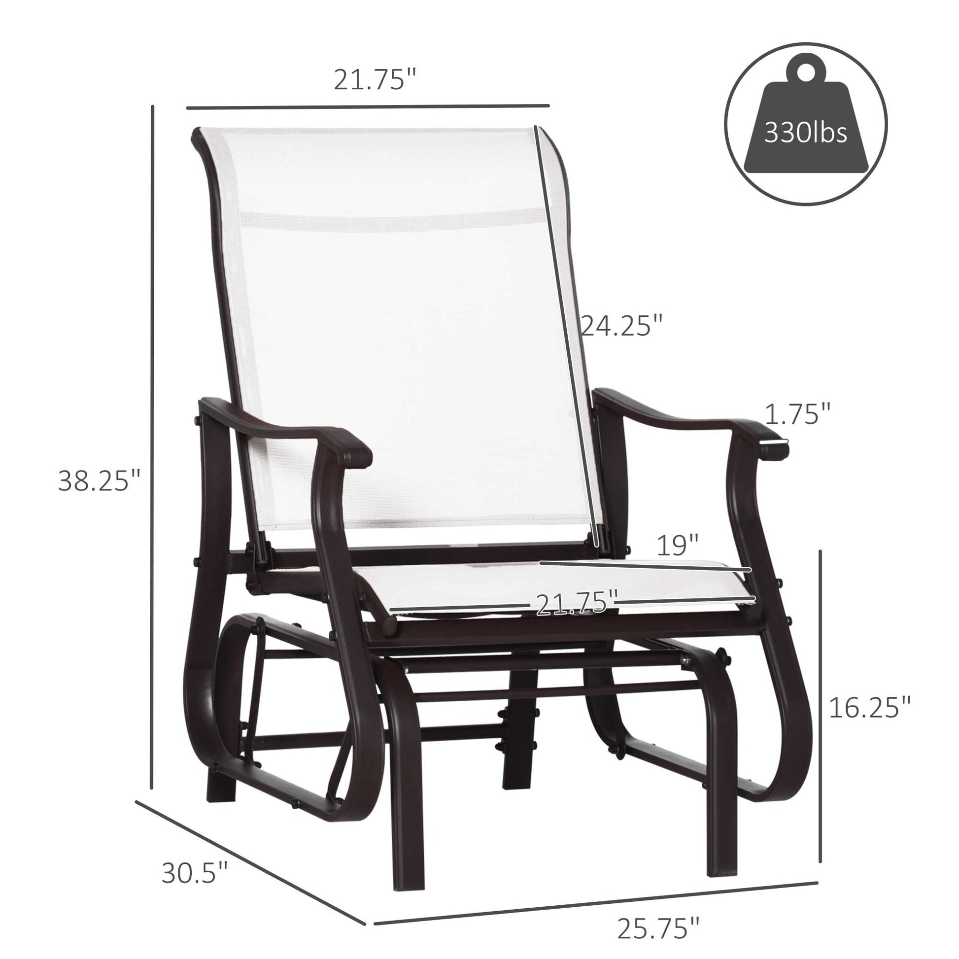 Dark brown metal frame outdoor glider chair with white mesh seat and back