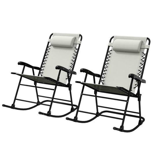 Two zero gravity rocking chairs with light gray fabric and black metal frames