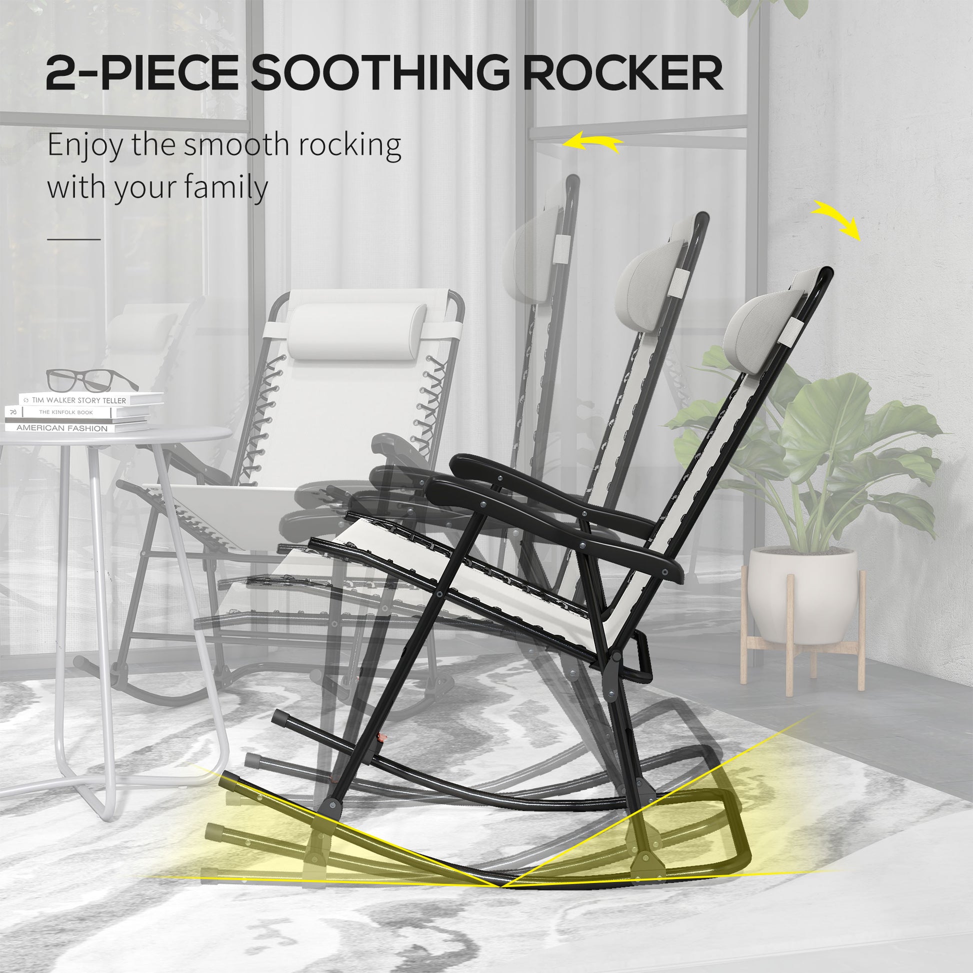 Black and white zero gravity rocking chair with padded headrest and reclining motion