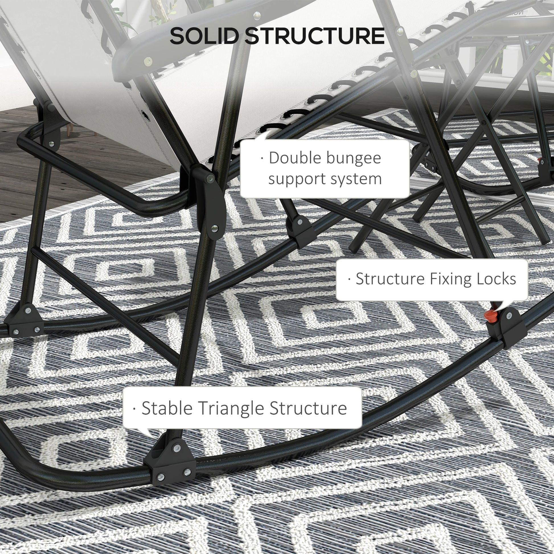 Black steel zero gravity chair frame with double bungee support system