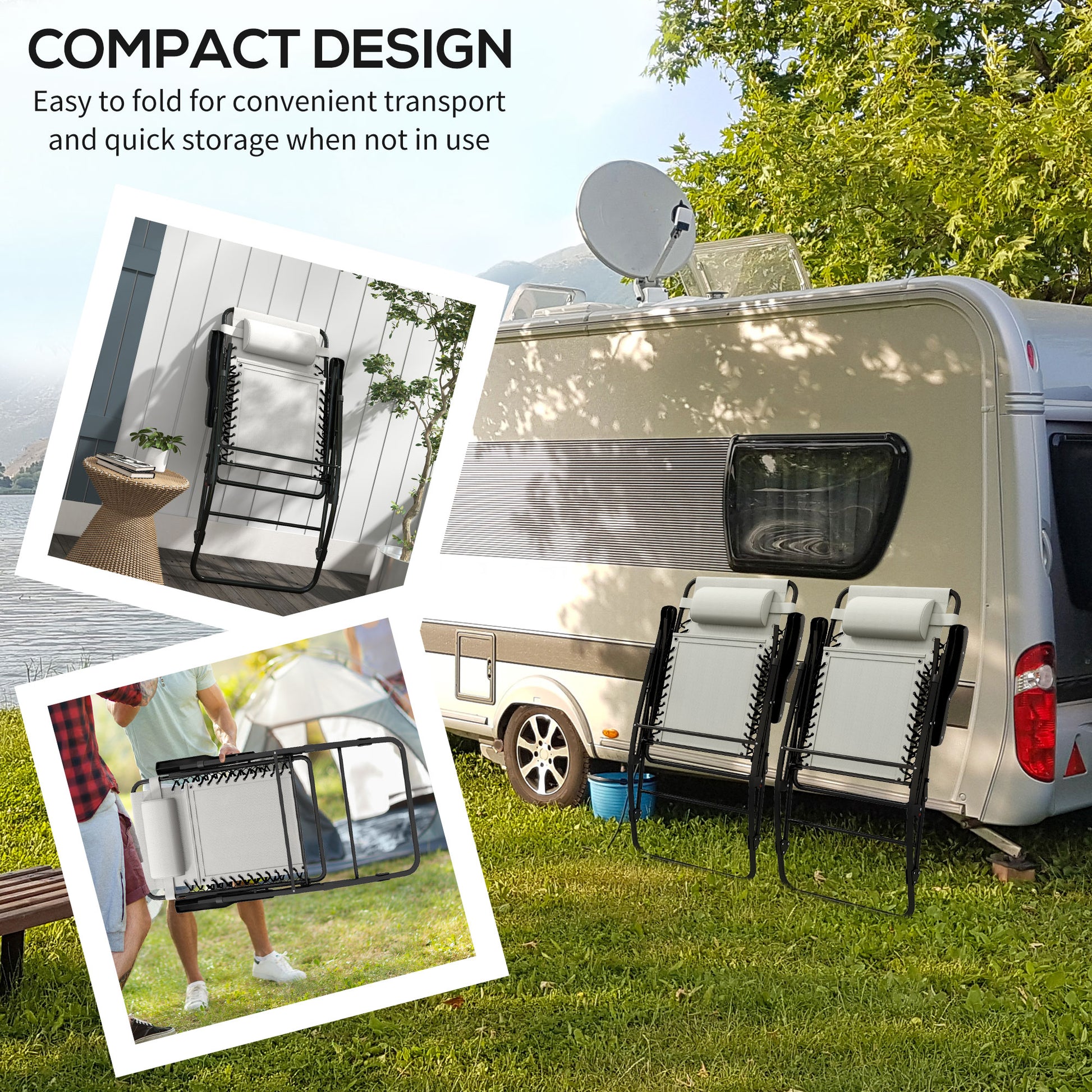 White zero gravity chair with black frame folded for storage ideal for camping