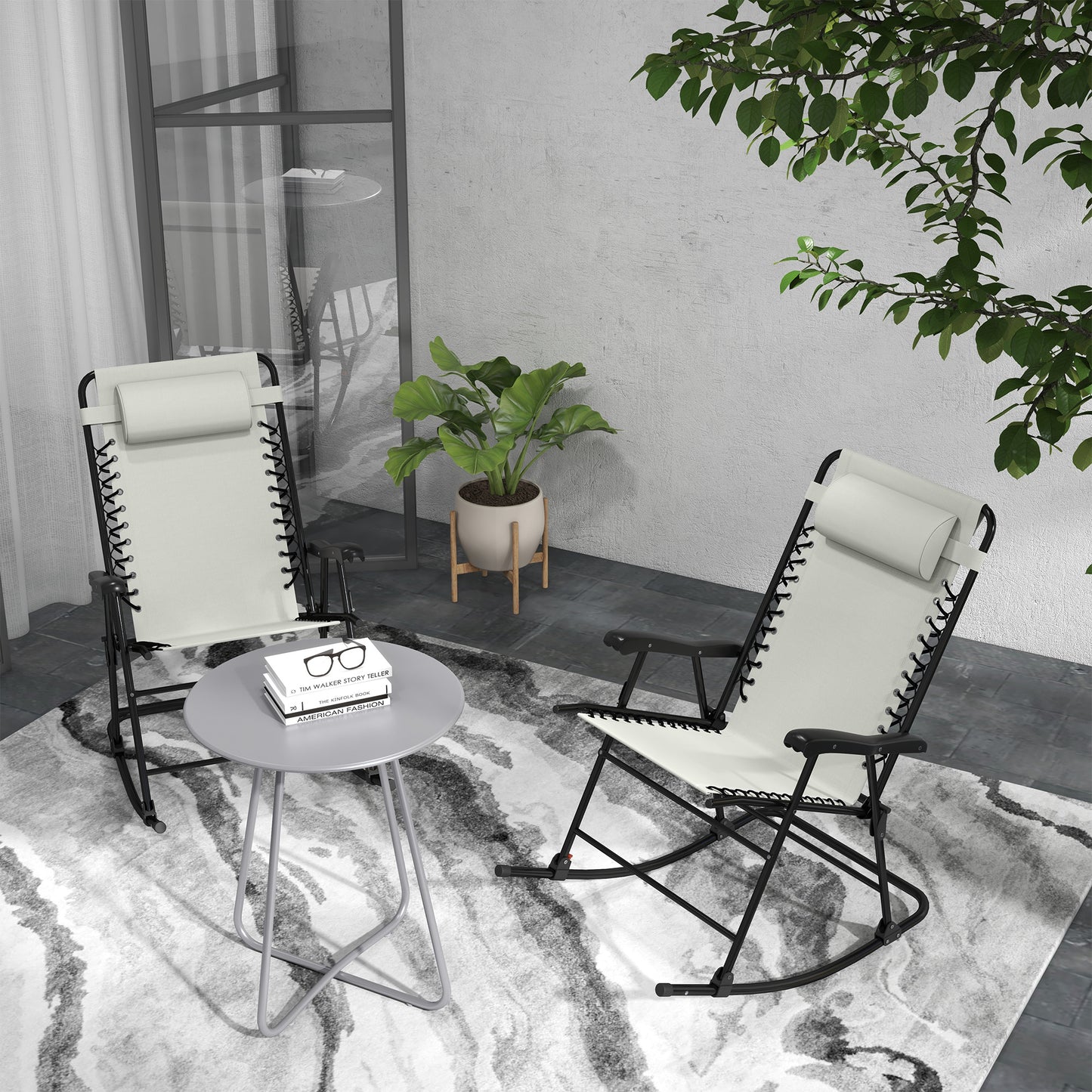 Comfortable beige zero gravity chair with black metal frame and padded headrest ideal for patio lounging