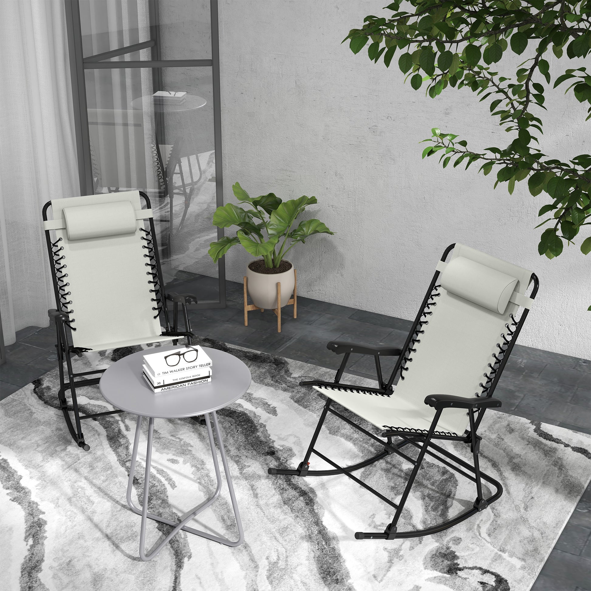 Comfortable beige zero gravity chair with black metal frame and padded headrest ideal for patio lounging