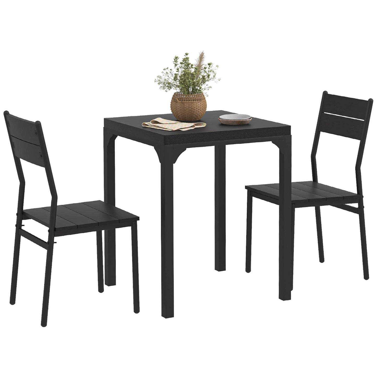 Black modern dining set with two chairs and a square table perfect for small spaces