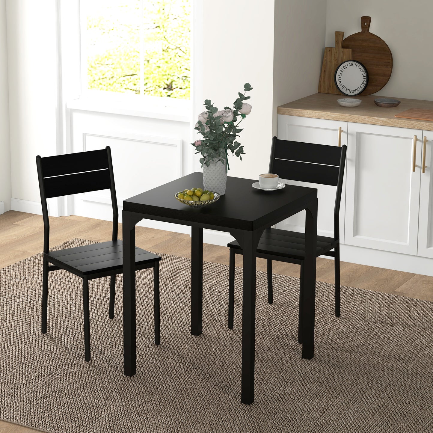 Black metal dining table with two matching chairs set perfect for small spaces
