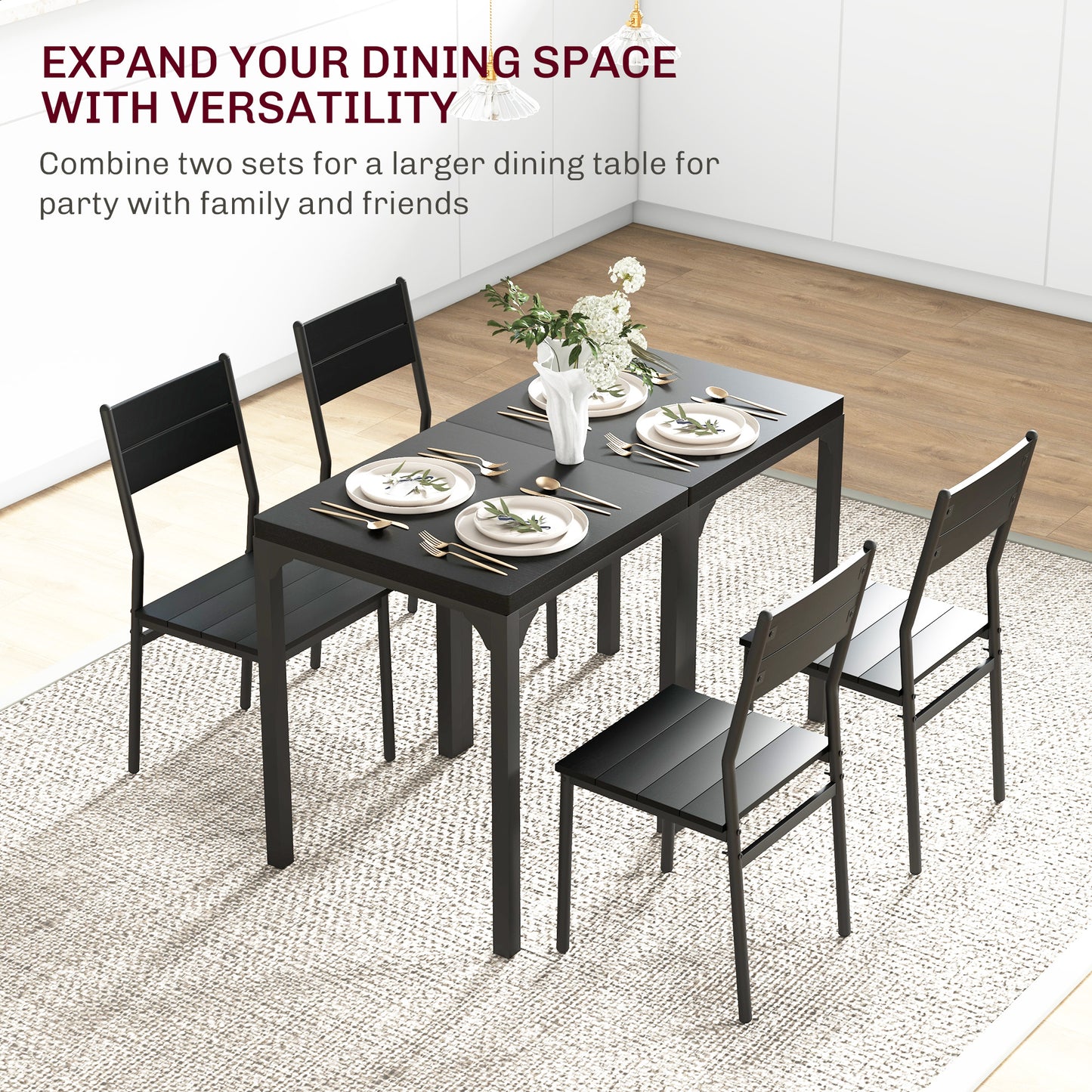 Black metal dining table set with four chairs for family gatherings