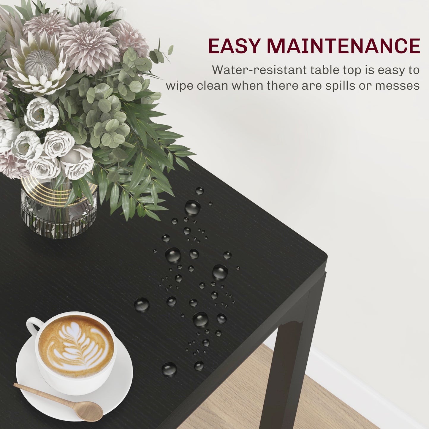 Black faux wood tabletop with water droplets coffee and flowers