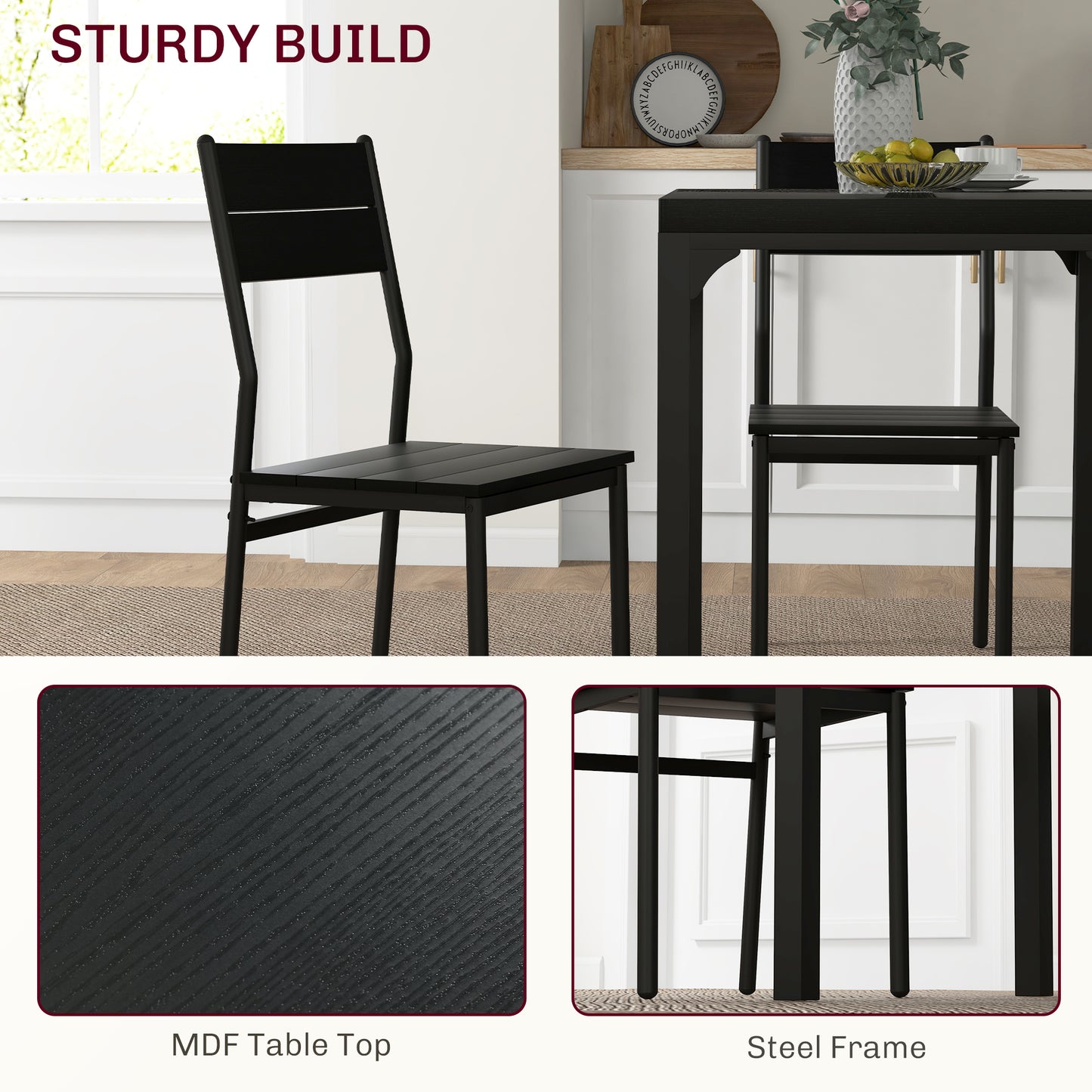Black modern dining chair with slatted seat and back sturdy steel frame