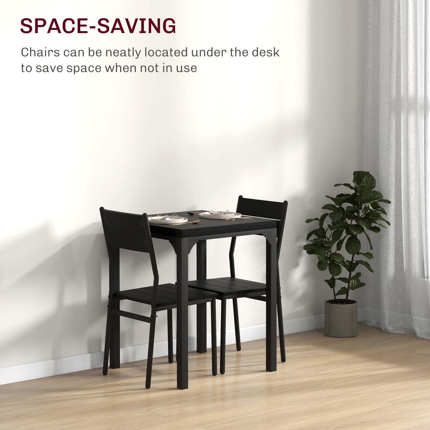 Black dining set with two chairs tucked under a small square table perfect for compact spaces