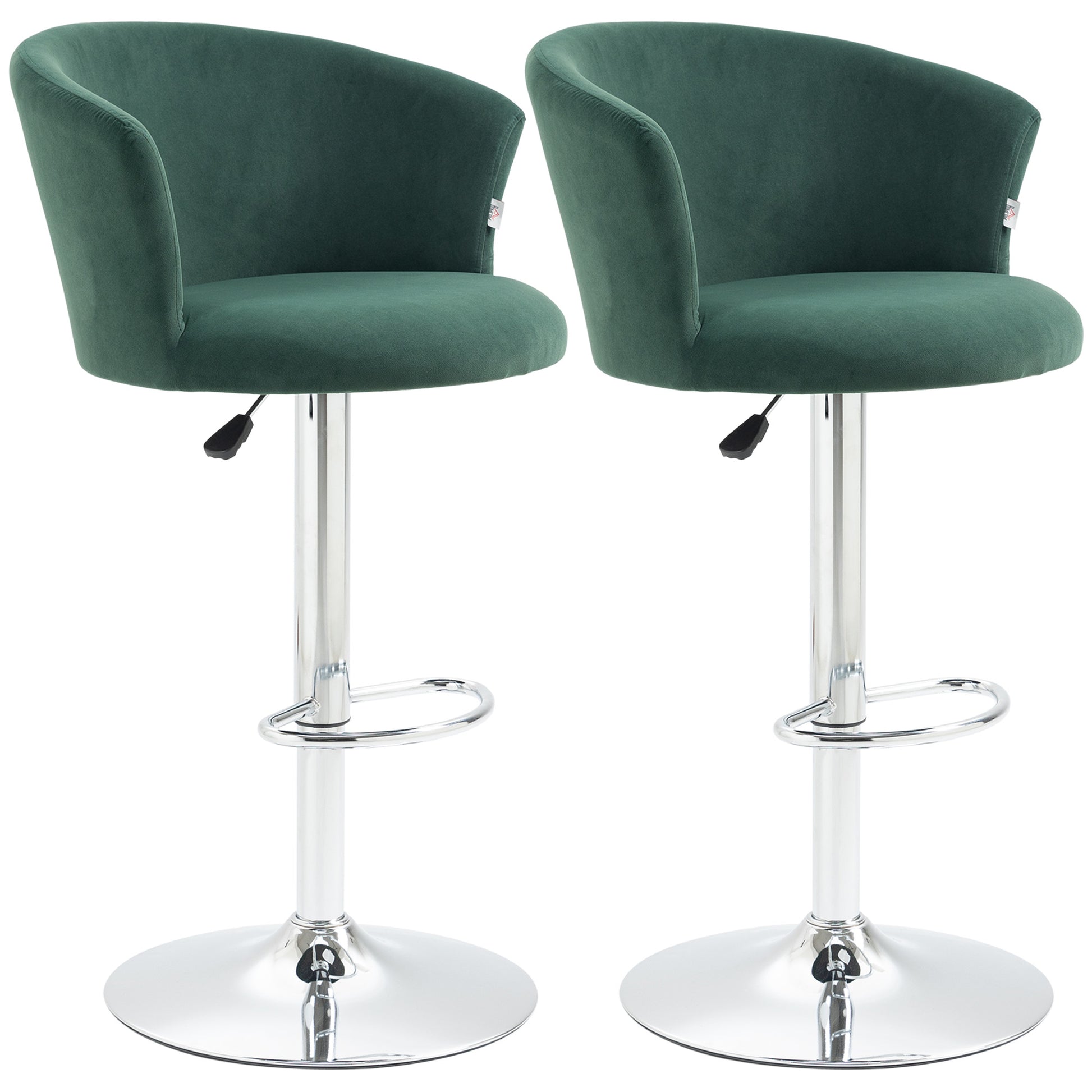Pair of plush green velvet bar stools with chrome bases and adjustable height