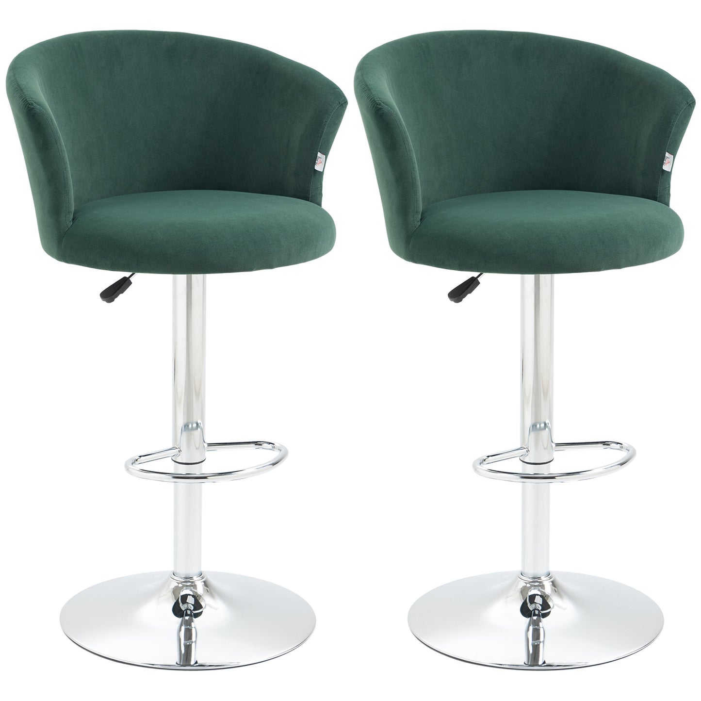 Two plush green velvet bar stools with chrome bases and adjustable height