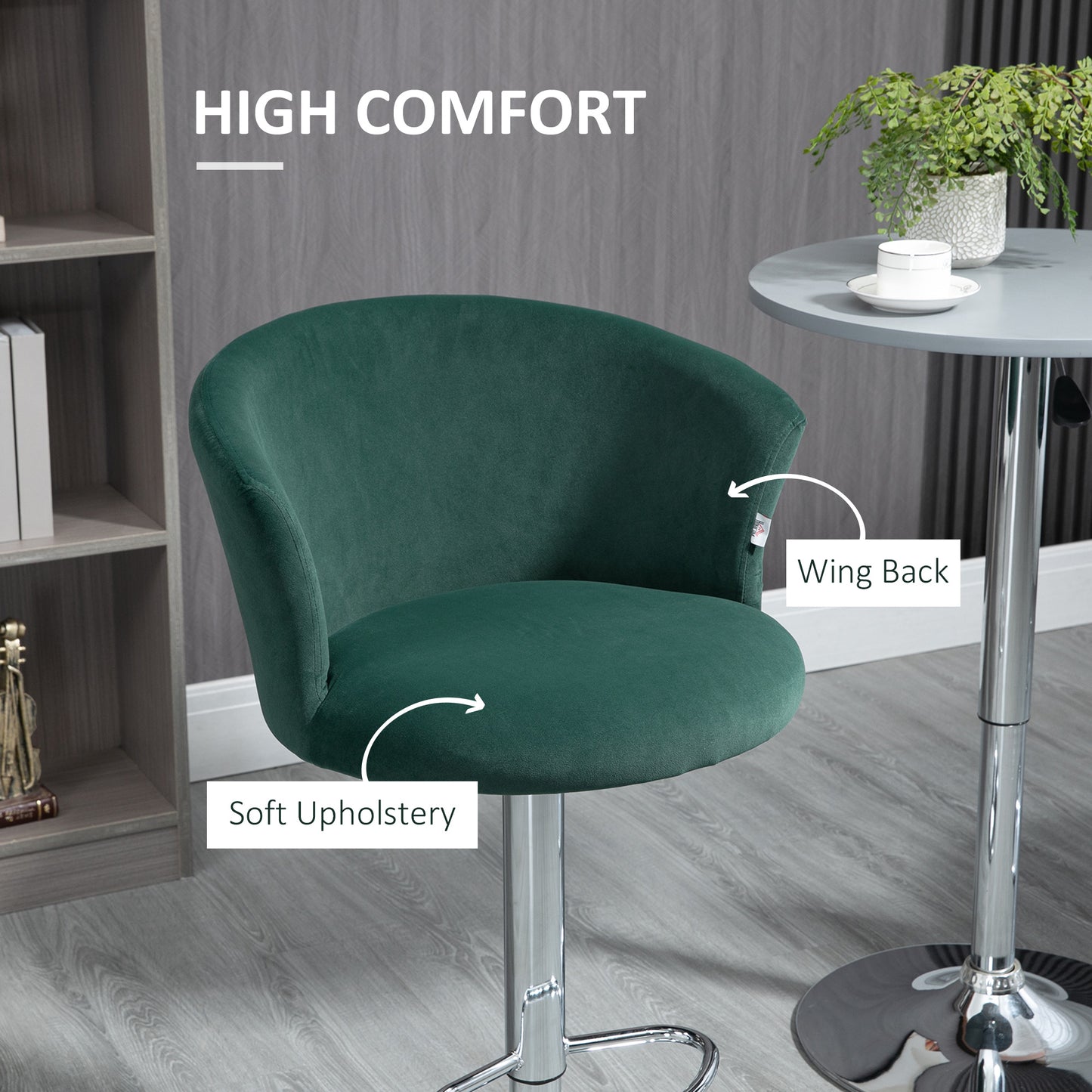 Emerald green velvet bar stool with soft upholstery and wing back