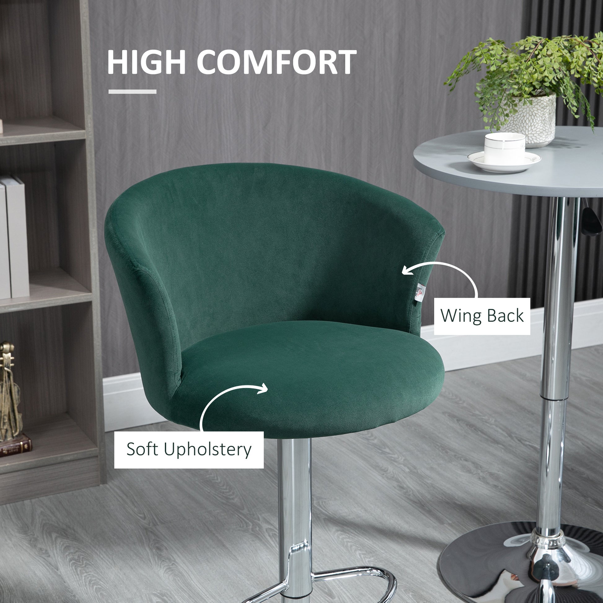 Emerald green velvet bar stool with soft upholstery and wing back