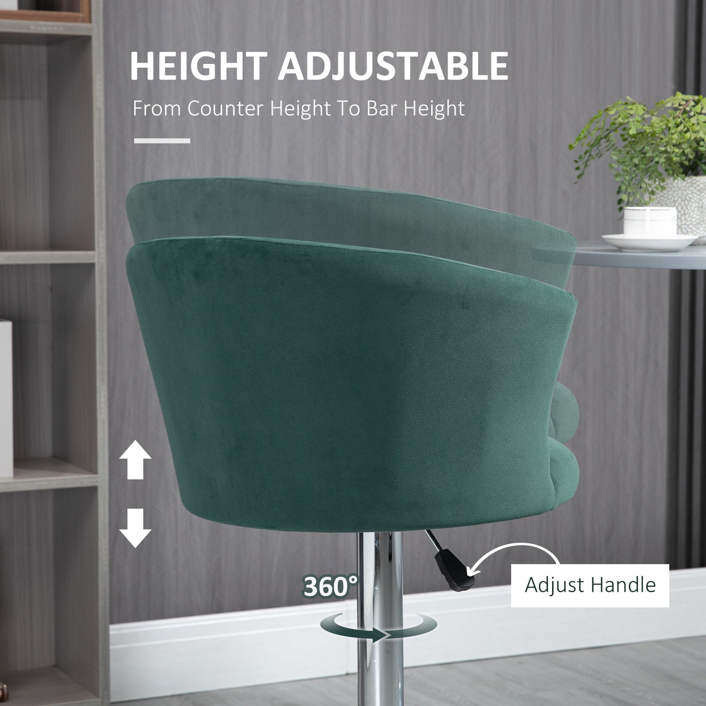 Adjustable height emerald green velvet counter stool with chrome base and lever