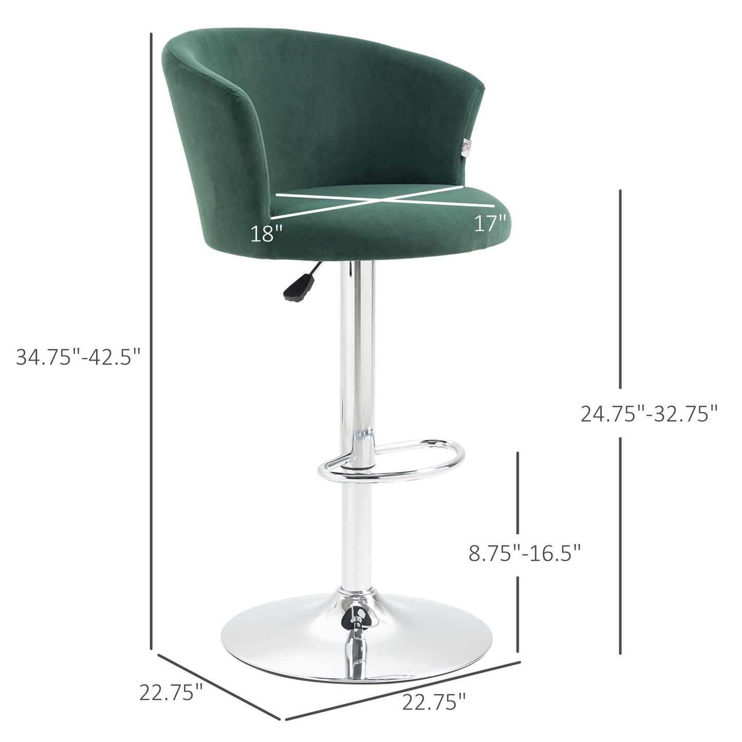 Emerald green velvet bar stool with adjustable height and chrome base