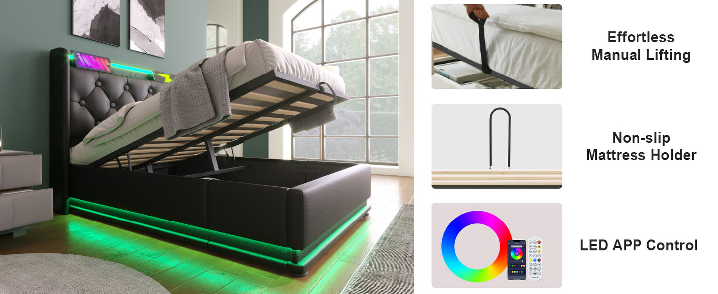 Black tufted headboard bed with LED lighting and open storage