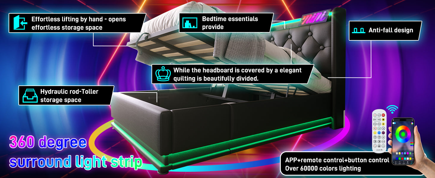 Black upholstered bed frame with hydraulic storage lift and multicolor LED lighting