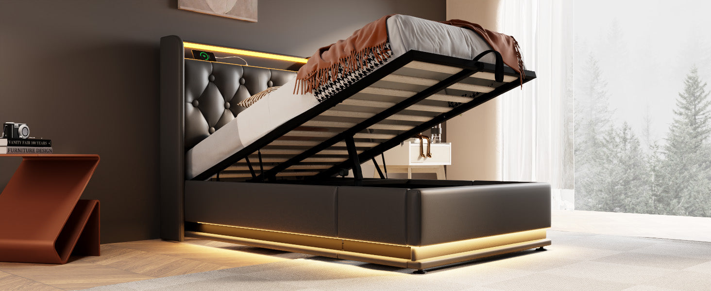 Modern black leather storage bed with tufted headboard and LED lighting
