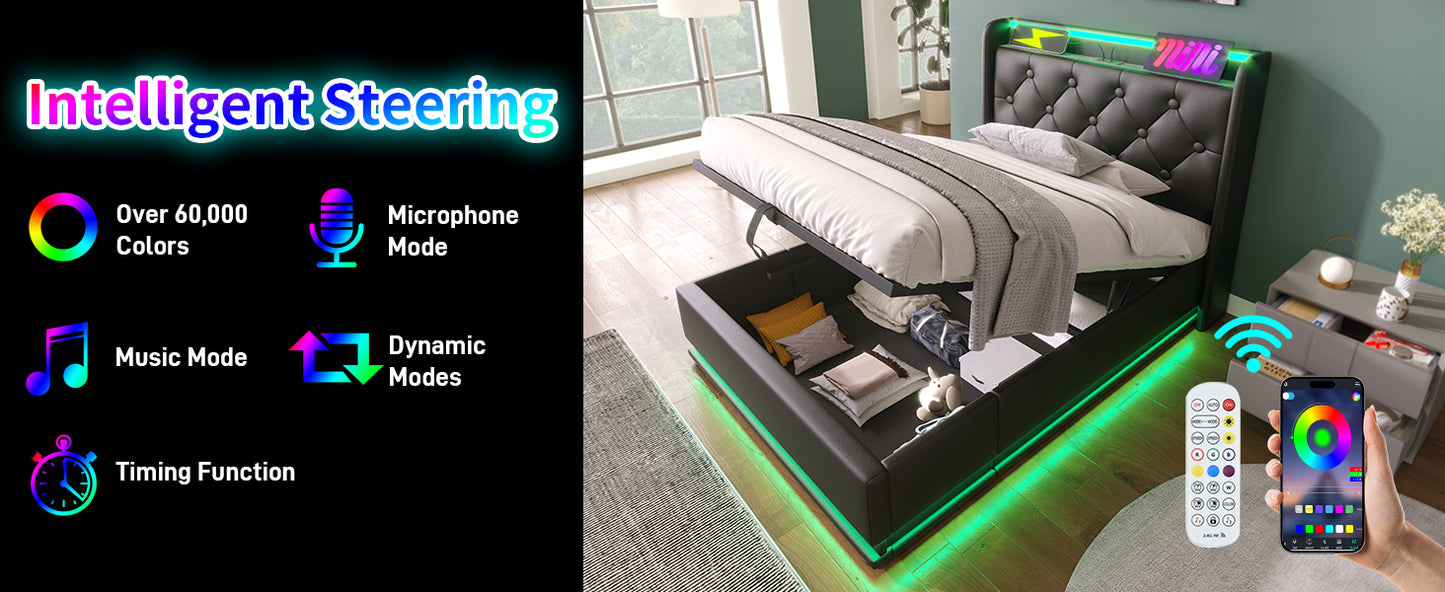 Black upholstered bed frame with diamond tufting and integrated smart LED lighting Stores items within