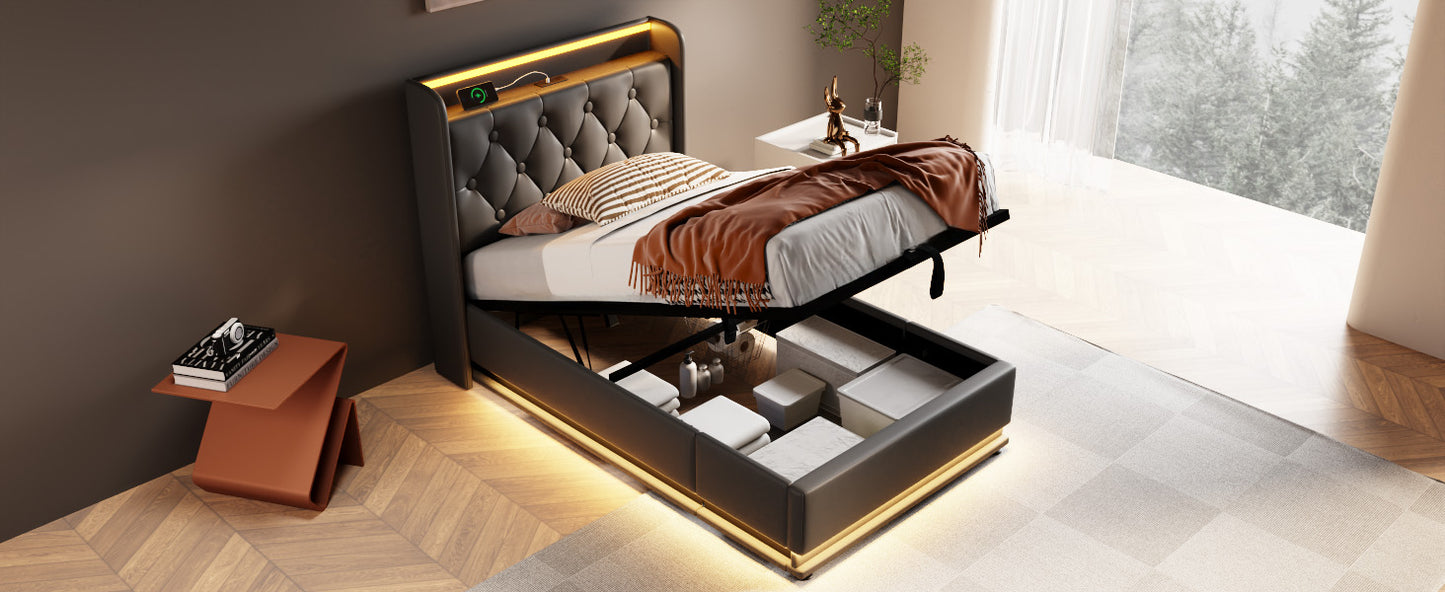 Tufted black leather bed frame with integrated LED lighting and USB charging