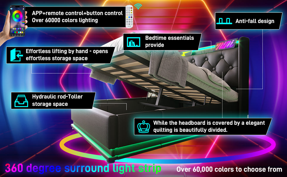 Black tufted storage bed with hydraulic lift and color LED lighting
