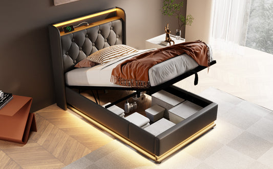 Modern dark gray tufted storage bed with integrated LED lighting and wireless charging