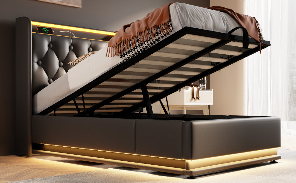 Black faux leather storage bed with tufted headboard and LED accent lighting