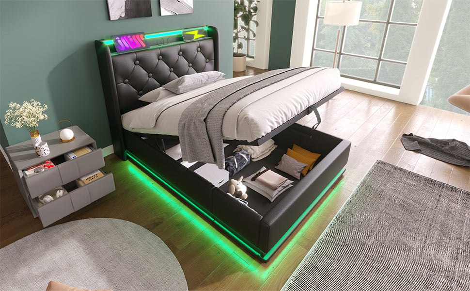 Black faux leather tufted bed with RGB LED lighting and ottoman storage