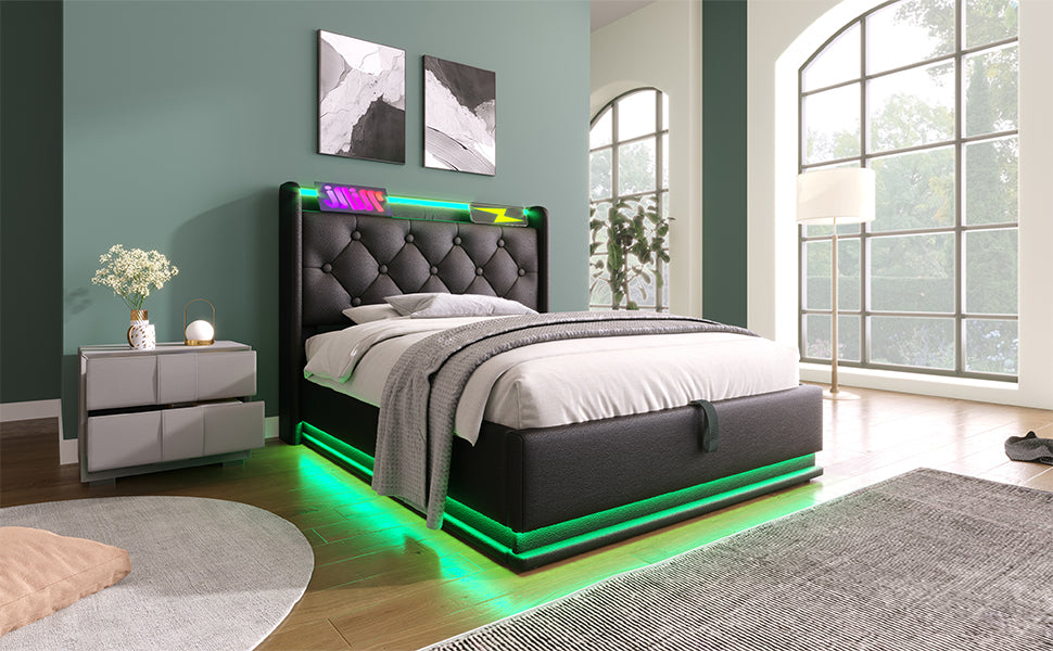 Tufted black leather platform bed with multicolor LED headboard