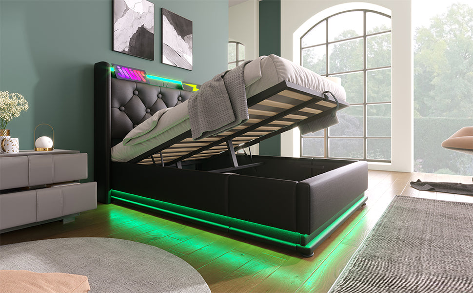 Black tufted leather bed frame with liftup storage and multicolor LED headboard
