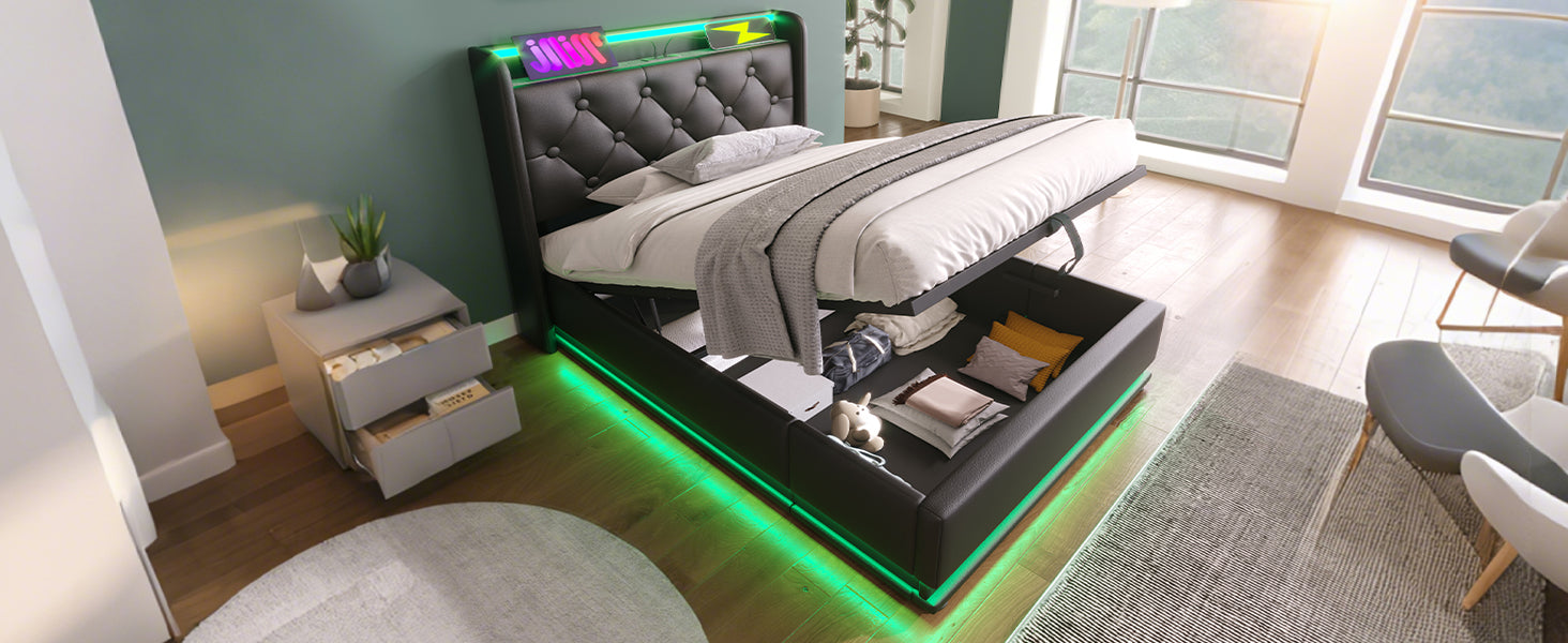 Black faux leather bed with tufted headboard and RGB LED lighting