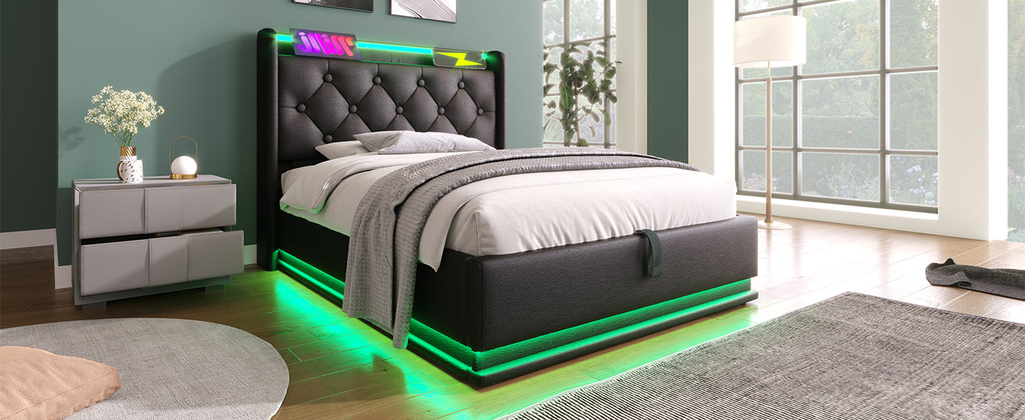 Black faux leather tufted bed with RGB LED lighting