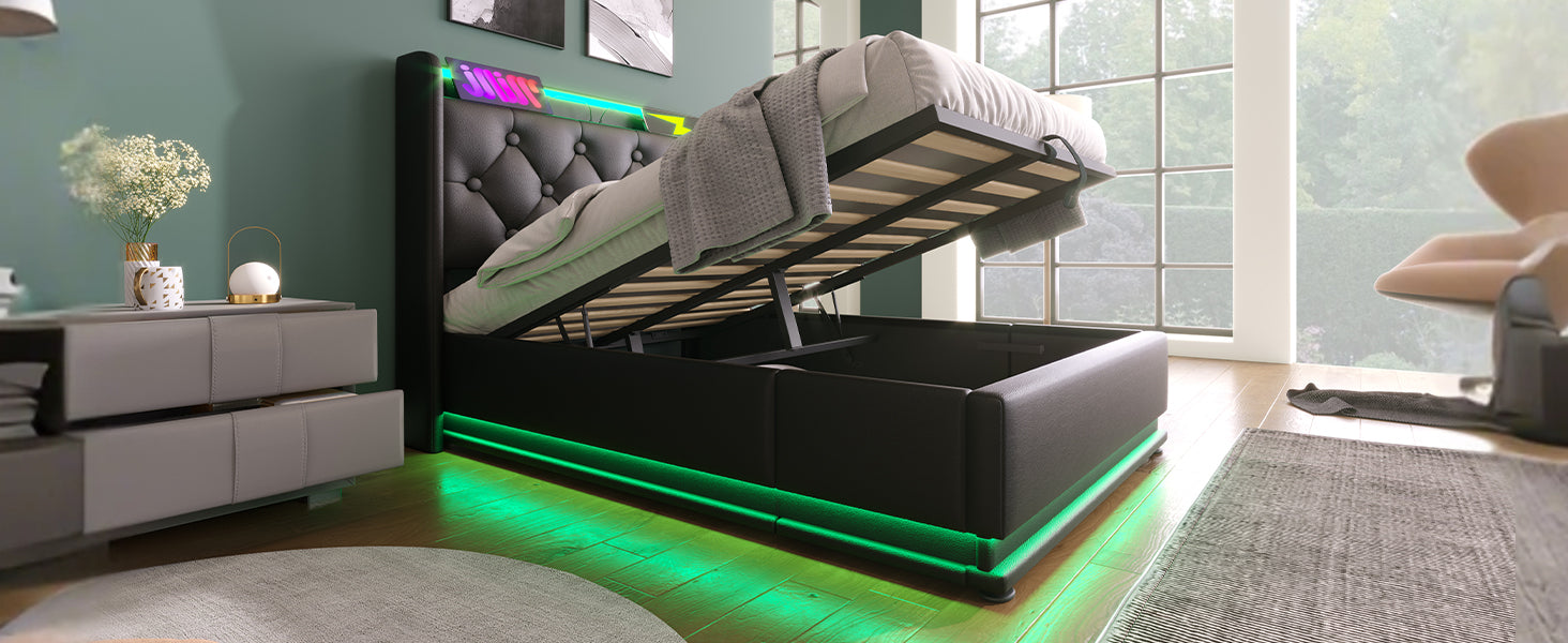 Black faux leather storage bed frame with tufted headboard  LED lights